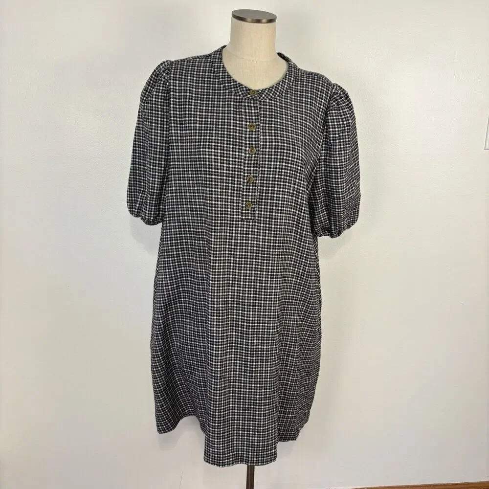 J Crew Popover Dress Brushed Flannel Black Gray Check Pockets Women’s XL BB524